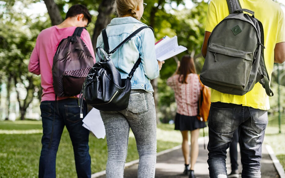 group of students walking away from the camera