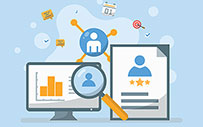 An illustration of a magnifying glass looking at charts and resumes.