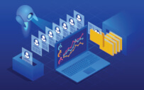 An illustration of a robot scanning a parade of files.