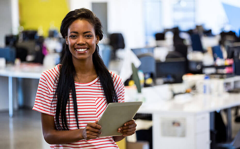 A college student interns in her career services office