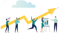 An illustration of people holding on to a line graph.