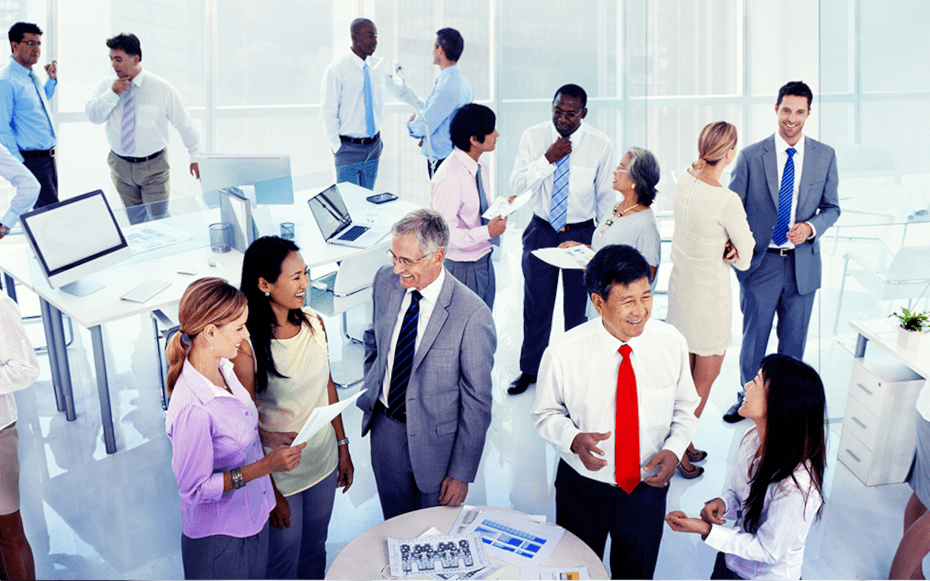 People standing around tables