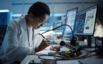 A woman uses a microscope.